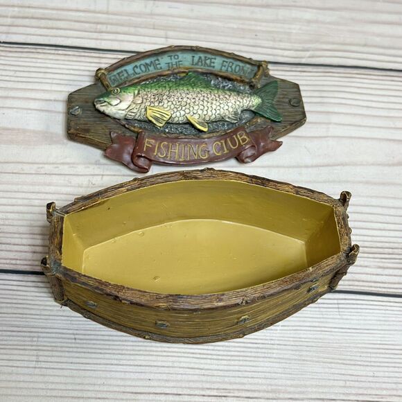 Vintage Trinket Box Welcome to Lake Front Fishing Club Accessory Container Wood - Picture 10 of 15